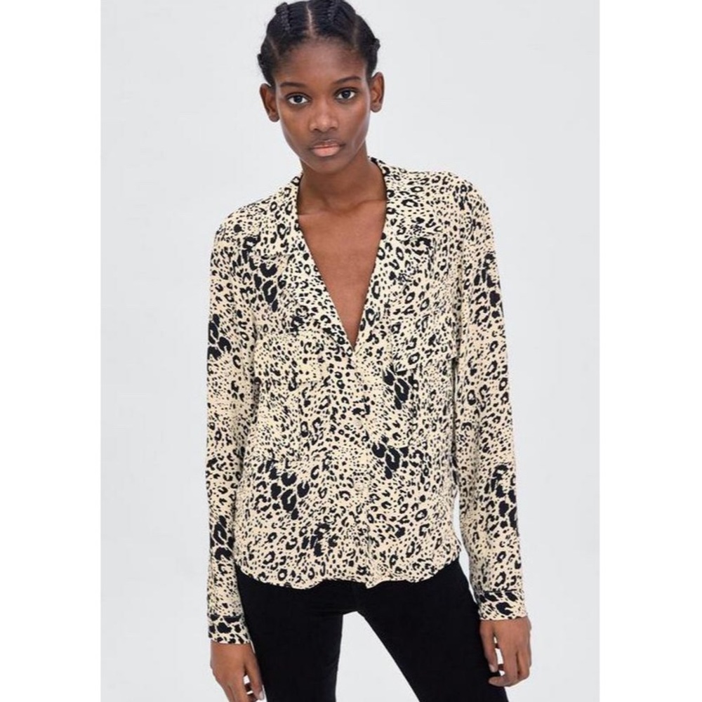 ZARA animal print blouse in black & cream